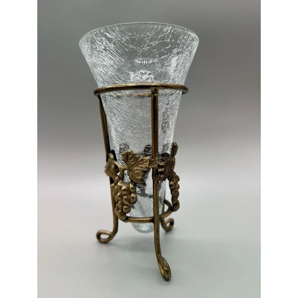 Vtg Pier 1 Hollywood Regency Crackle Glass Trumpet Vase Footed Brass Grape Stand